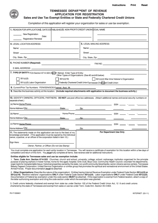 Fillable Form Rv-F1306901 - Sales And Use Tax Exempt Entities Or State And Federally Chartered Credit Unions Printable pdf