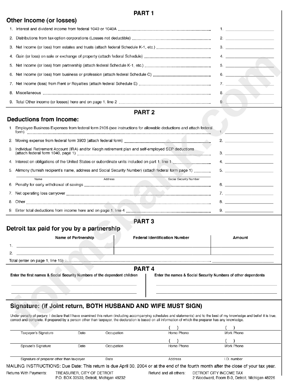 Form D-104(R) - City Of Detroit Income Tax Individual Return-Resident - 2003