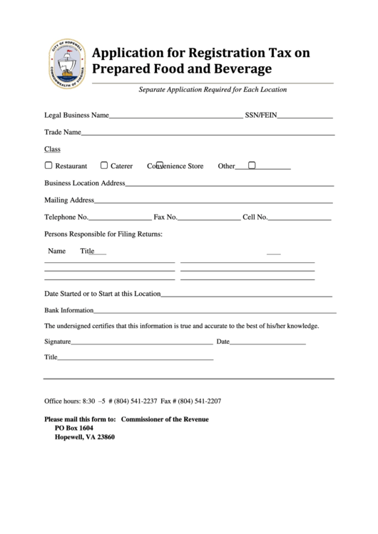 Application For Registration Tax On Prepared Food And Beverage - City Of Hopewell Printable pdf