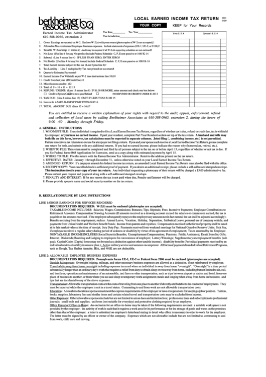 Local Earned Income Tax Return Form - Berkheimer Printable pdf