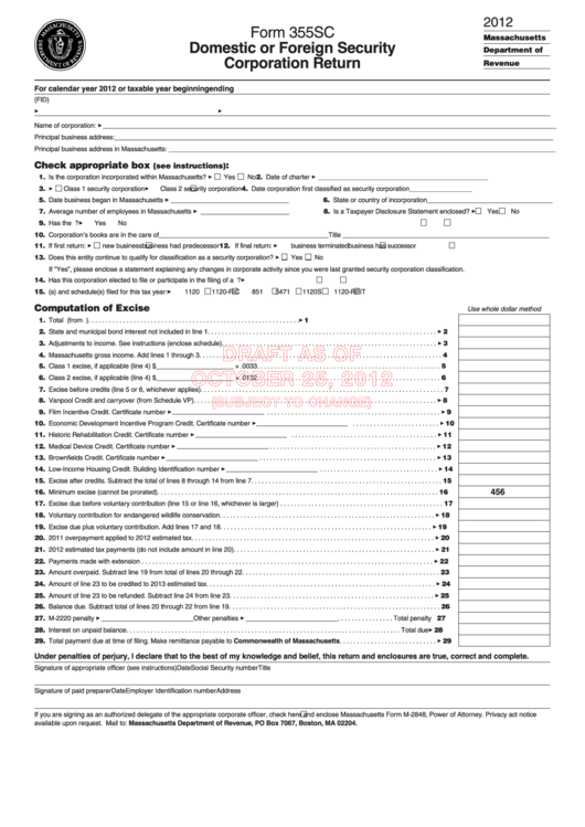 Form 355sc Draft - Domestic Or Foreign Security Corporation Return - 2012 Printable pdf