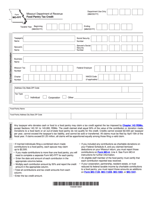 Fillable Form Mo-Fpt - Food Pantry Tax Credit Printable pdf