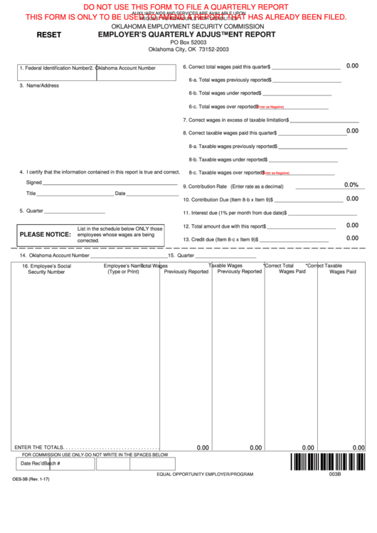 Form Oes-3b - Employer's Quarterly Adjustment Report
