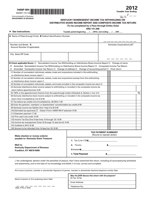 Form 740np-Wh - Kentucky Nonresident Income Tax Withholding On Distributive Share Income Report And Composite Income Tax Return - 2012 Printable pdf
