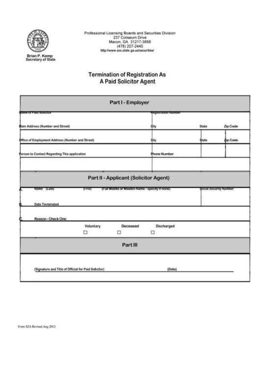 Form S2a - Termination Of Registration As A Paid Solicitor Agent Printable pdf