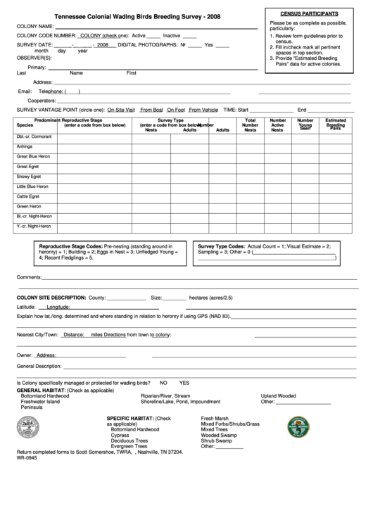 Form Wr-0945 - Tennessee Colonial Wading Birds Breeding Survey - 2008 - Tennessee State Government Printable pdf