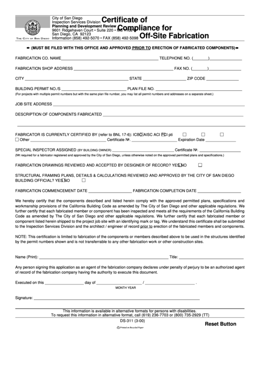 Fillable Form Ds-311 - Certificate Of Compliance For Off-Site Fabrication - City Of San Diego Printable pdf