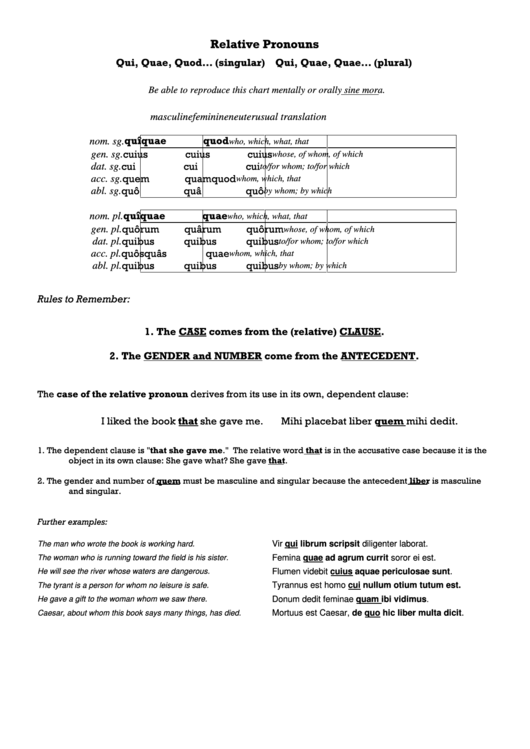 Latin Relative Pronouns Worksheet Printable pdf