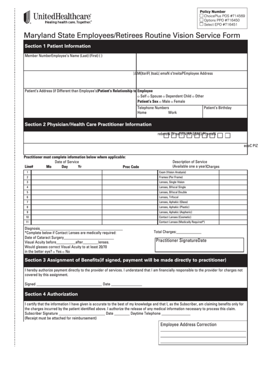 Maryland State Employees/retirees Routine Vision Service Form Printable pdf