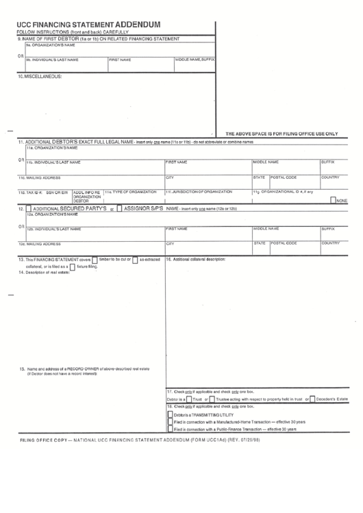 Form Ucc1ad - Ucc Financing Statement Addendum Printable pdf