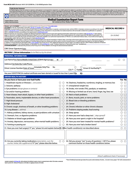Fillable Form Mcsa-5875 - Medical Examination Report Form Printable pdf