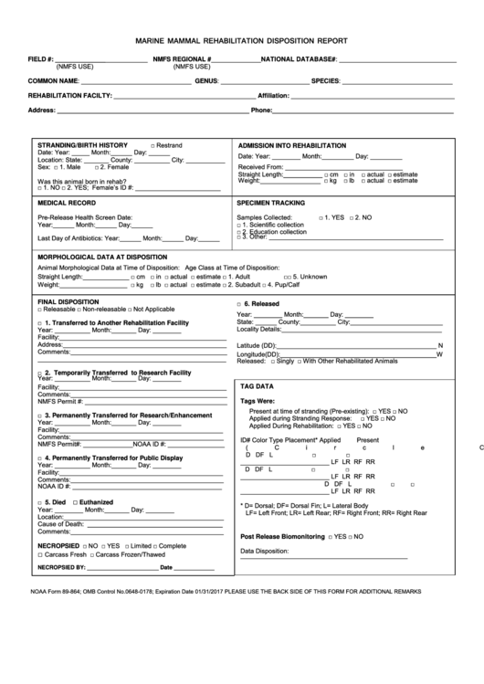 Noaa Form 89-864 - Marine Mammal Rehabilitation Disposition Report Printable pdf