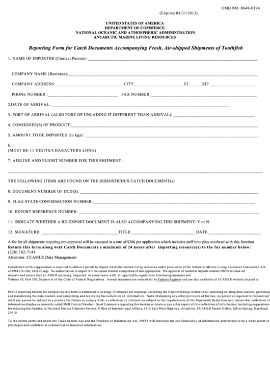 Reporting Form For Catch Documents Accompanying Fresh, Air-Shipped Shipments Of Toothfish - Us Department Of Commerce Printable pdf