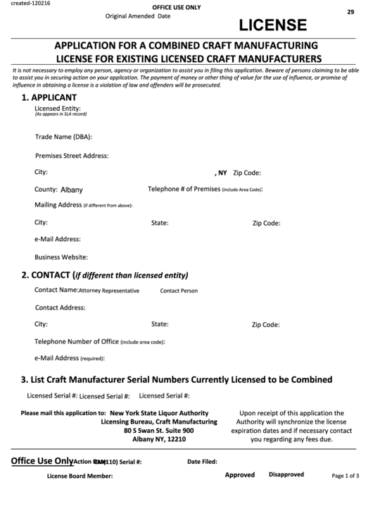 Fillable Application For A Combined Craft Manufacturing License For Existing Licensed Craft Manufacturers - New York State Liquor Authority Printable pdf