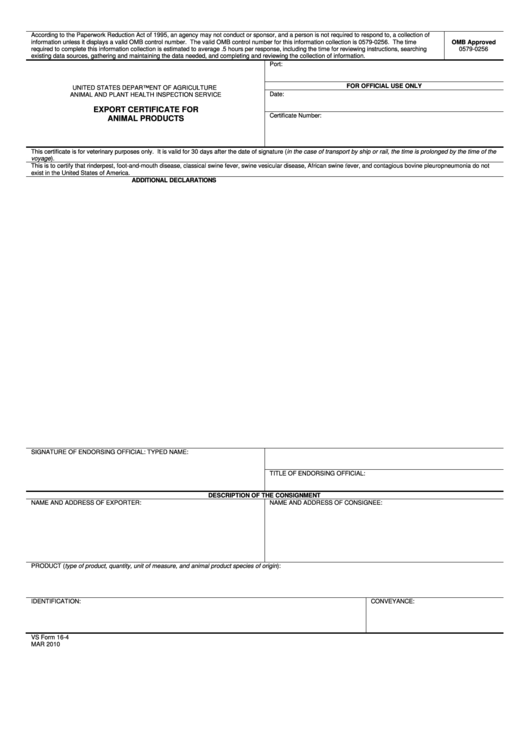 Fillable Vs Form 16-4 - Export Certificate For Animal Products - Department Of Agriculture Animal And Plant Health Inspection Service - 2010 Printable pdf