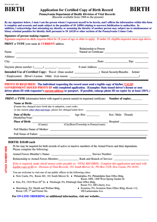 Application For Certified Copy Of Birth Record - Pennsylvania Department Of Health