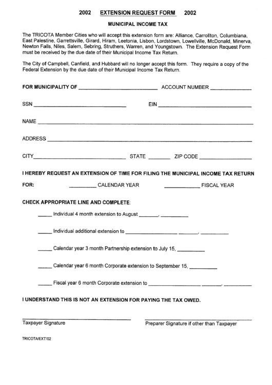 Form Tricota/ext/02 - Municipal Income Tax Extension Request Form - 2002 Printable pdf