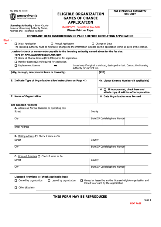 Fillable Eligible Organization Games Of Chance Application - Pennsylvania Department Of Revenue Printable pdf