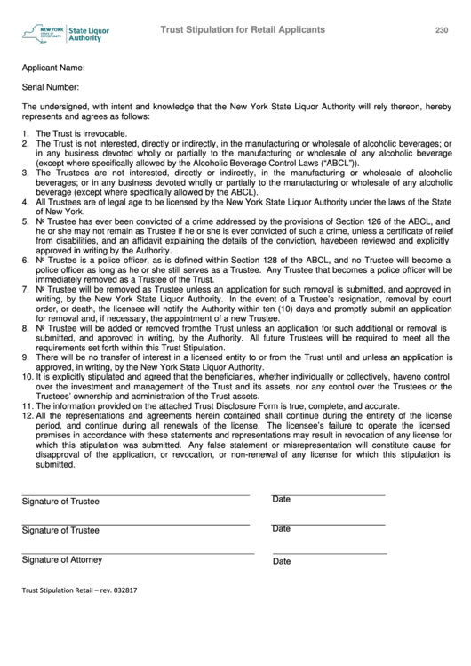 Fillable Trust Stipulation For Retail Applicants - New York State Liquor Authority Printable pdf