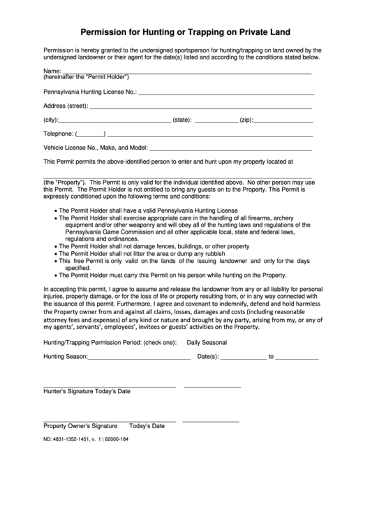 Printable Hunting Permission Form Printable Forms Free Online