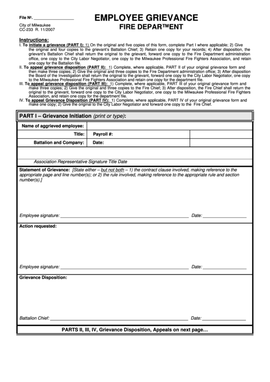 Employee Grievance - Fire Department - City Of Milwaukee Printable pdf