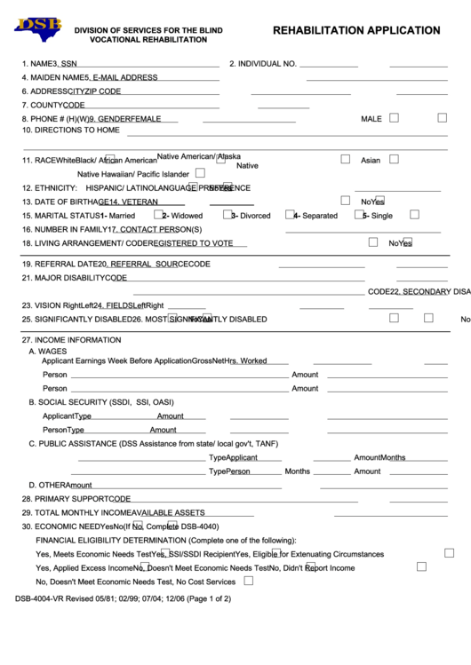 Fillable Form Dsb-4004-Vr - Rehabilitation Application Printable pdf