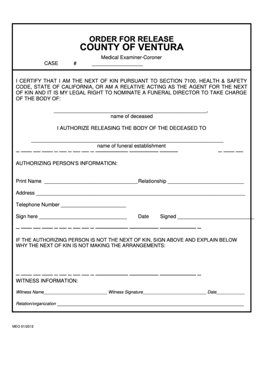 Fillable Order For Release County Of Ventura - Medical Examiner-Coroner Printable pdf