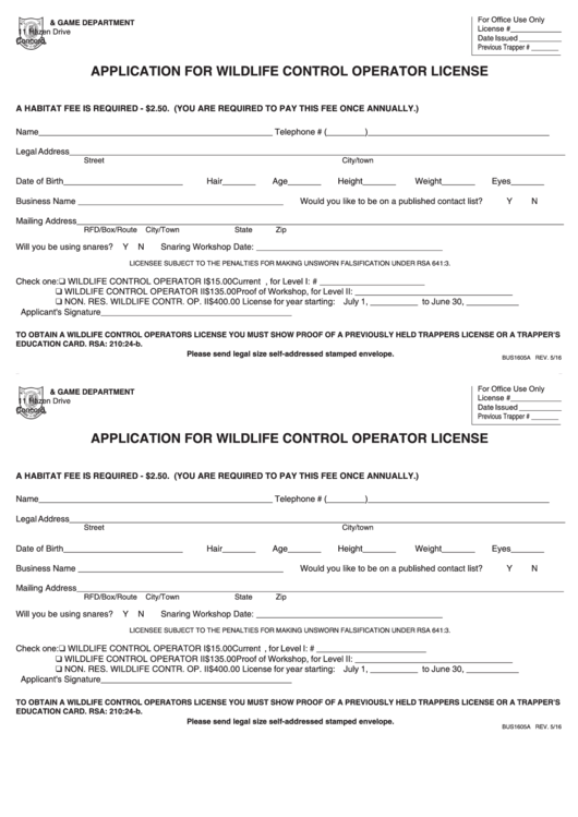 Form Bus1605a - Application For Wildlife Control Operator License - N.h. Fish & Game Department