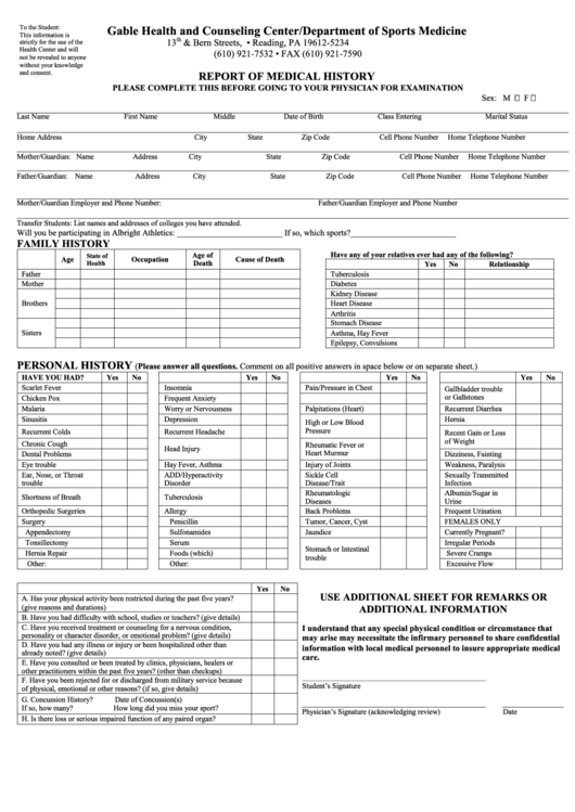 Report Of Medical History - Gable Health And Counseling Center/department Of Sports Medicine Printable pdf
