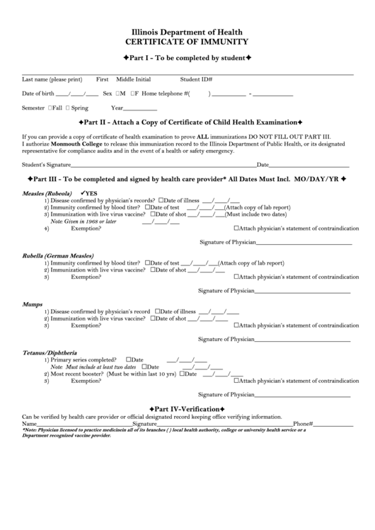 Certificate Of Immunity - Illinois Department Of Health Printable pdf