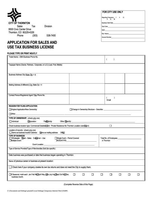 Application For Sales And Use Tax Business License - City Of Thornton Sales Tax Division Printable pdf