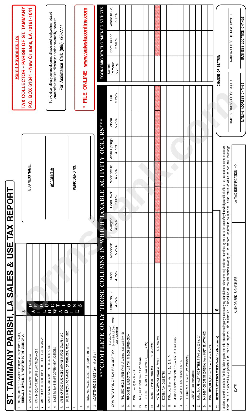 St. Tammany Parish, La Sales & Use Tax Report Form