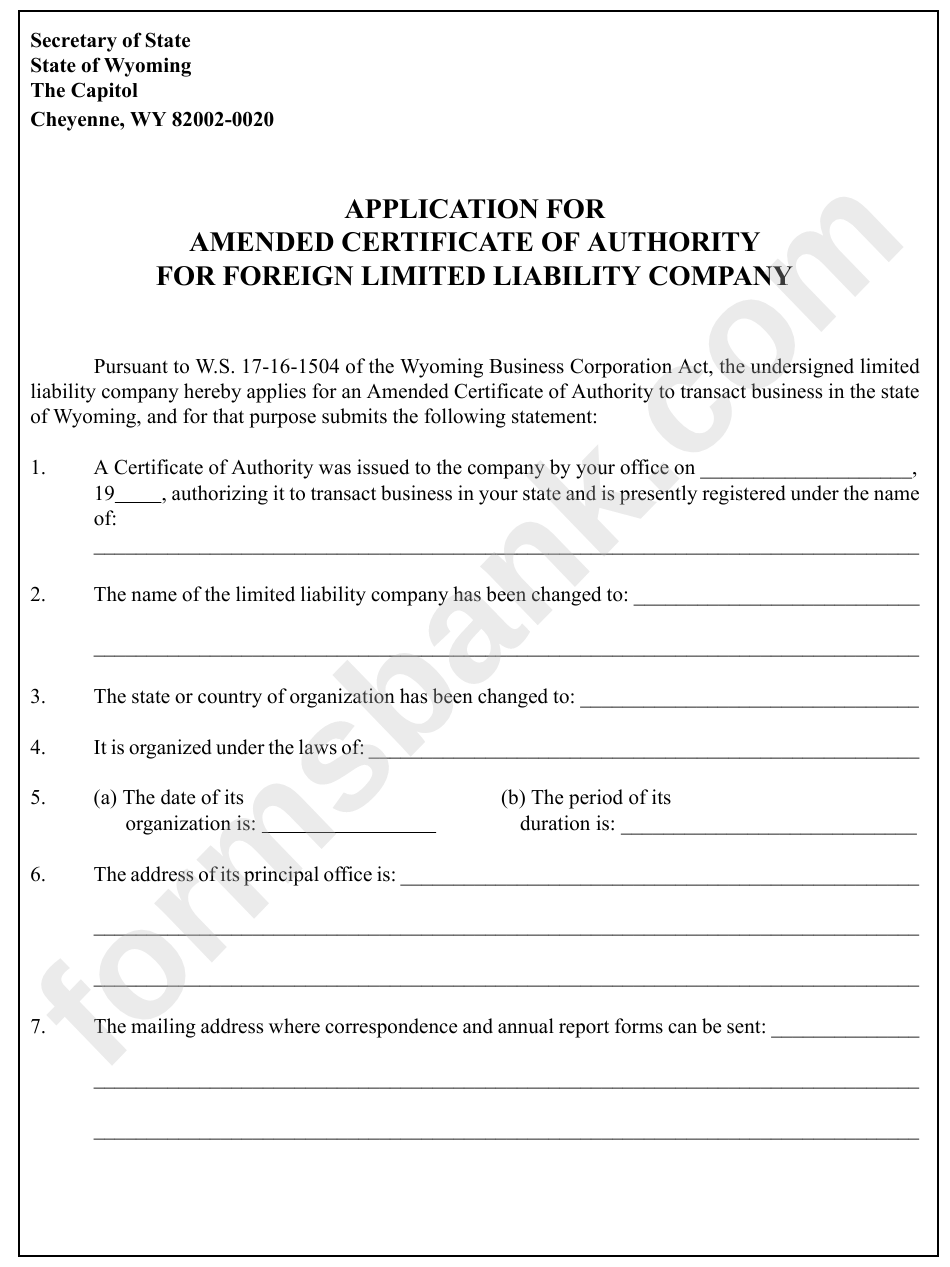 Application For Amended Certificate Of Authority For Foreign Limited Liability Company