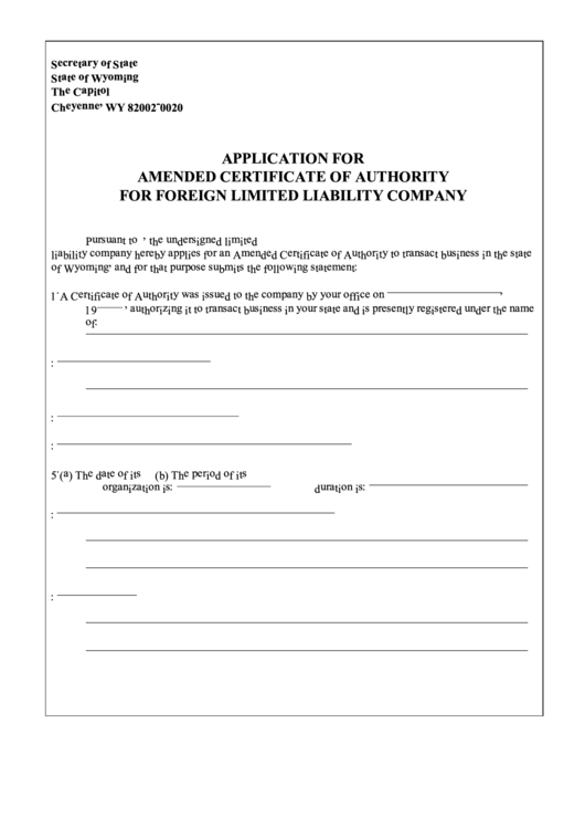 Application For Amended Certificate Of Authority For Foreign Limited Liability Company Printable pdf