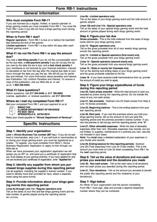 Form Rb-1 Instructions For Bingo Quarterly Tax Return - 2004 Printable pdf