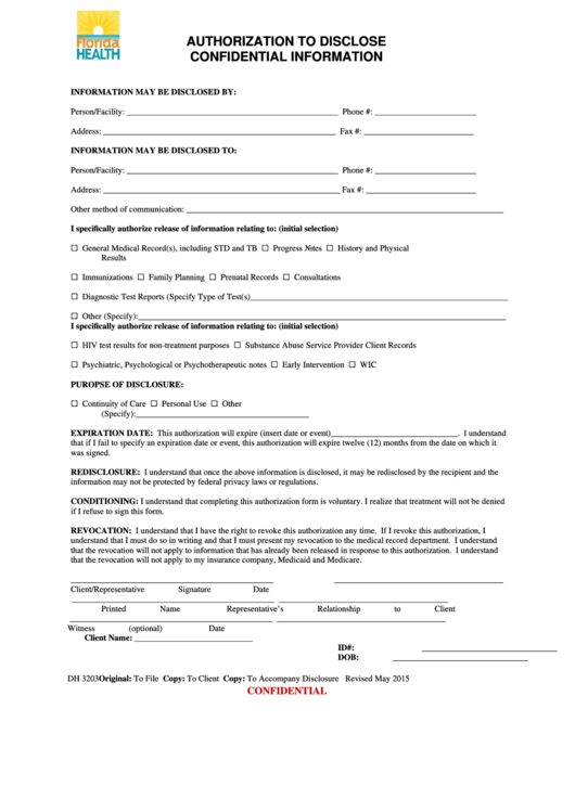 Form Dh 3203 - Authorization To Disclosure Confidential Information - Florida Department Of Health Printable pdf