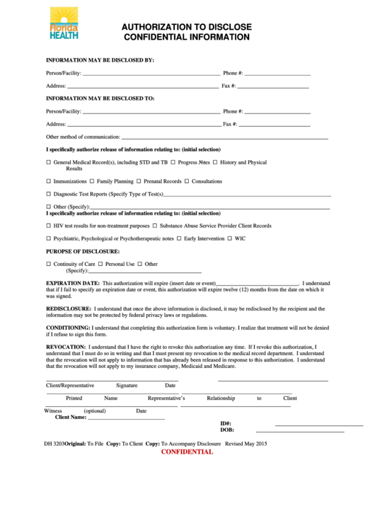 Form Dh 3203 Authorization To Disclosure Confidential Information