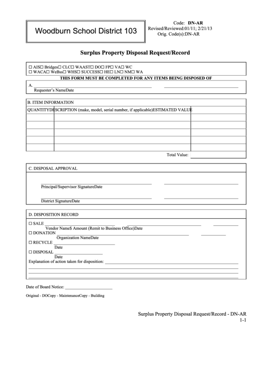 Form Dn-Ar - Surplus Property Disposal Request/record Printable pdf