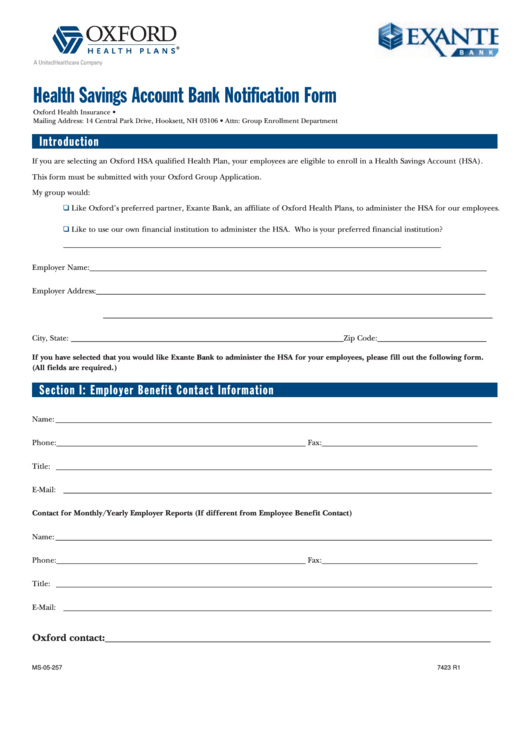 Form Ms-04-1598 - Health Savings Account Bank Notification Form Printable pdf