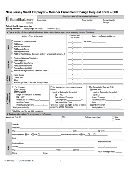 New Jersey Small Employer - Member Enrollment/change Request Form - Ohi - 2014 Printable pdf