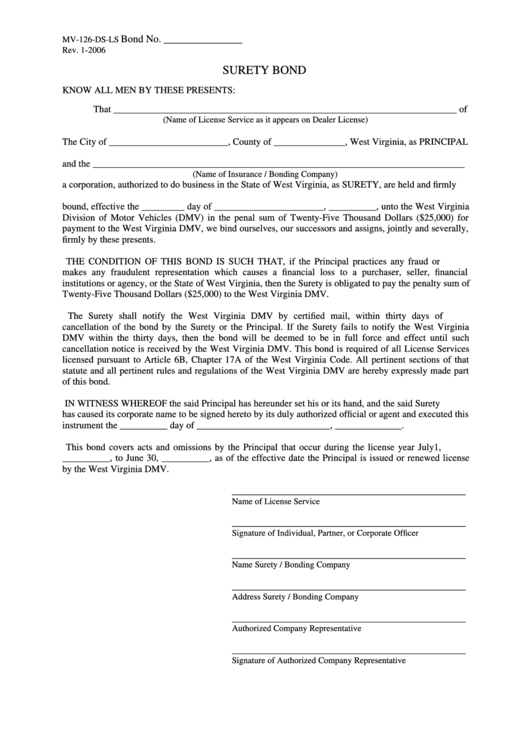 Fillable Form Mv-126-Ds-Ls - License Service Surety Bond Printable pdf