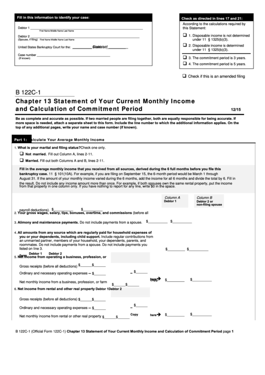 Fillable Form B 122c-1 - Chapter 13 Statement Of Your Current Monthly Income And Calculation Of Commitment Period Printable pdf