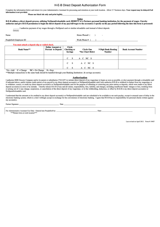 Form 19407 - H-E-B Direct Deposit Authorization Form Printable pdf