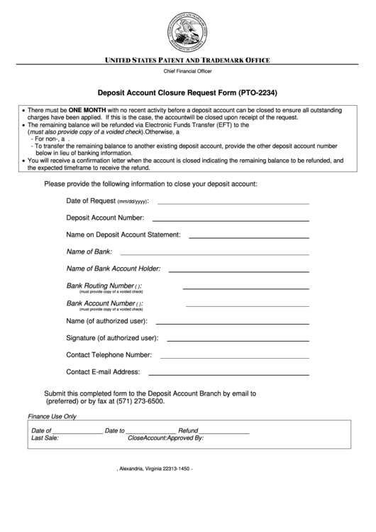 Form Pto-2234 - Deposit Account Closure Request Form - U.s. Patent And Trademark Office Printable pdf