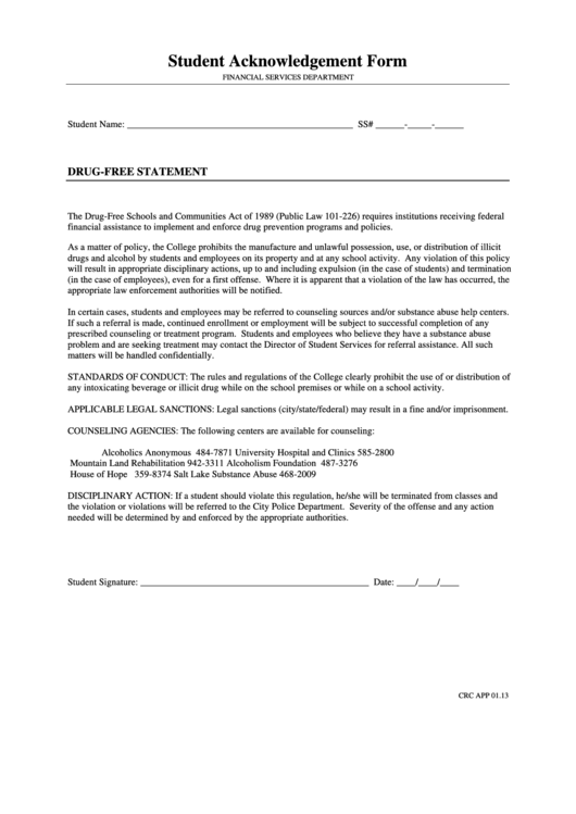 Student Acknowledgement Form Printable pdf