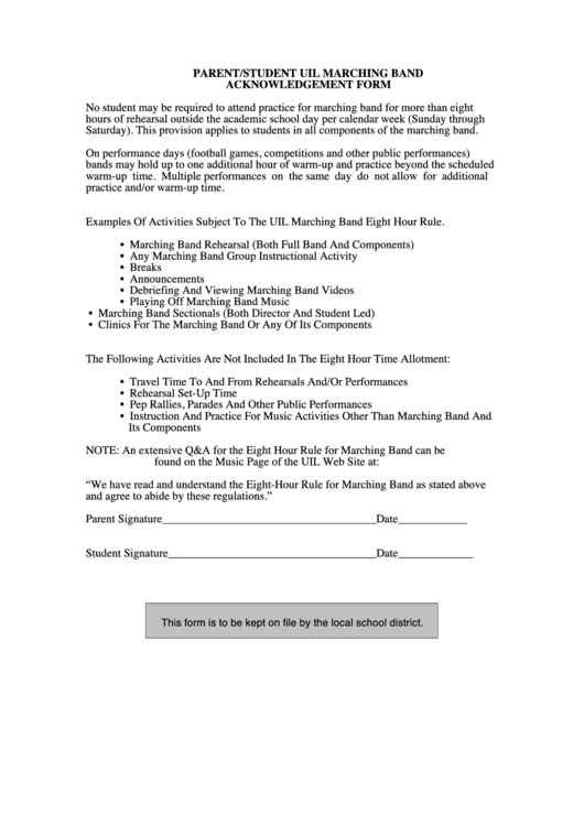 Parent/student Uil Marching Band Acknowledgement Form Printable pdf