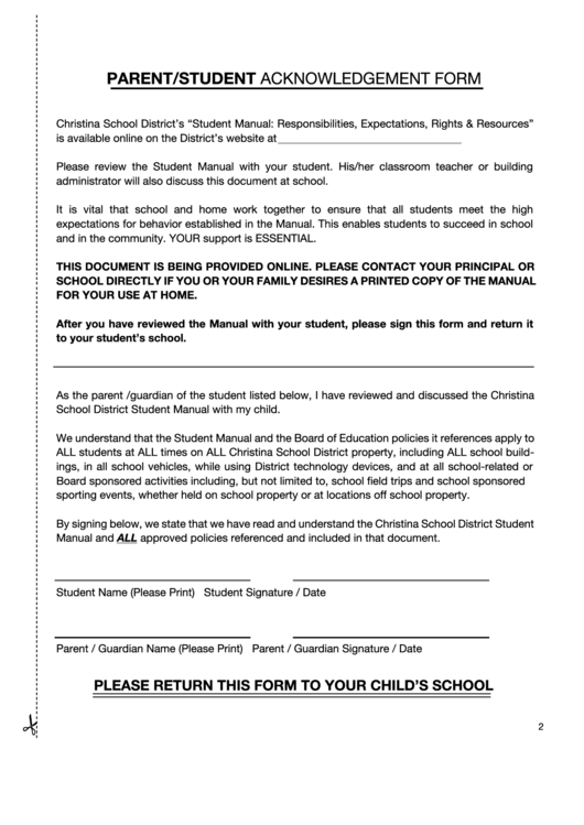 Parent/student Acknowledgement Form Printable pdf