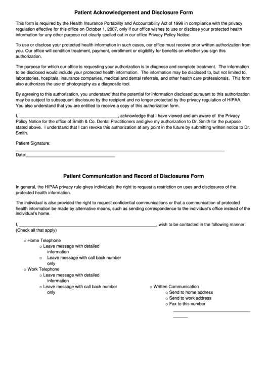 Patient Acknowledgement And Disclosure Form Printable pdf