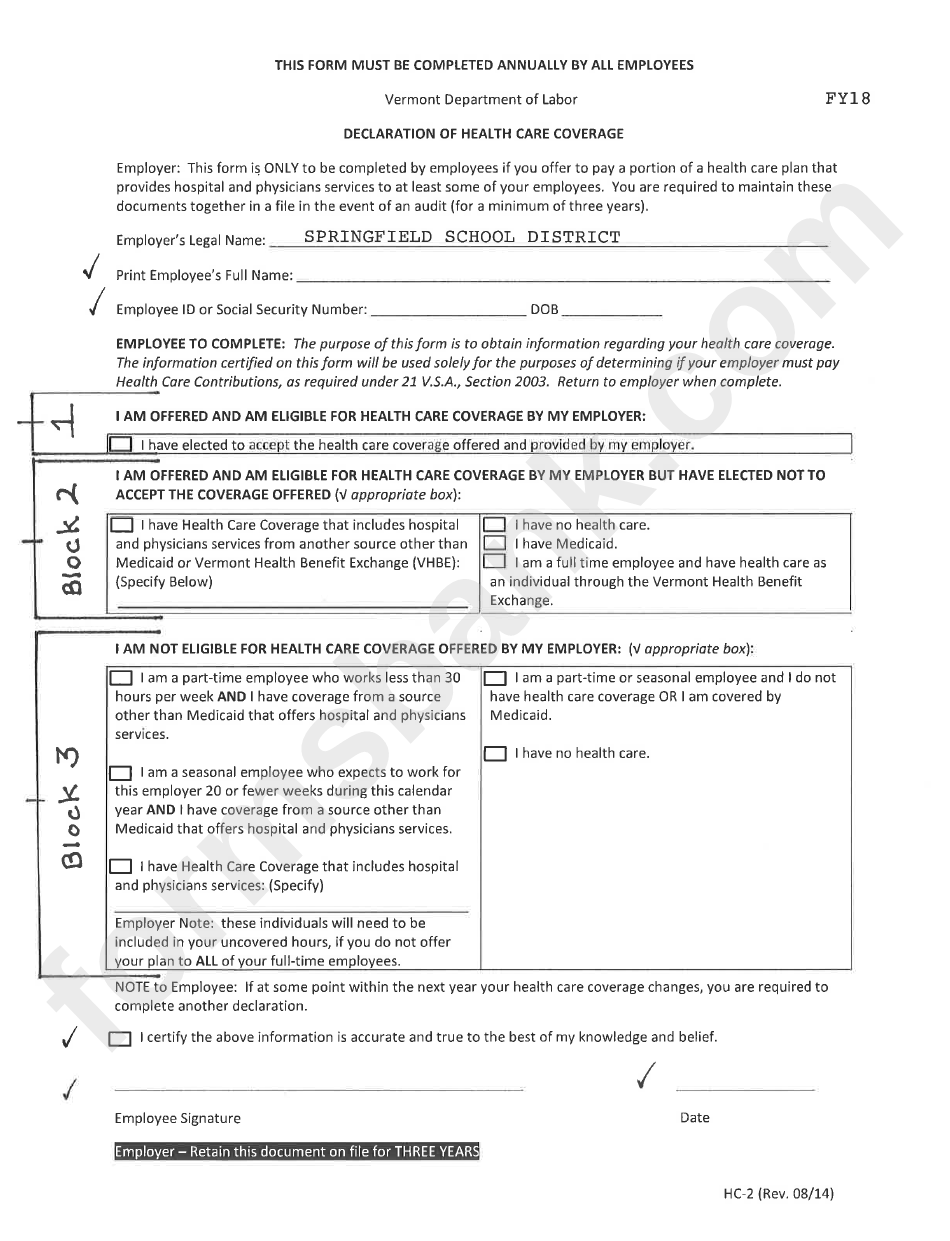 Form Hc2 Declaration Of Health Care Coverage Form printable pdf download