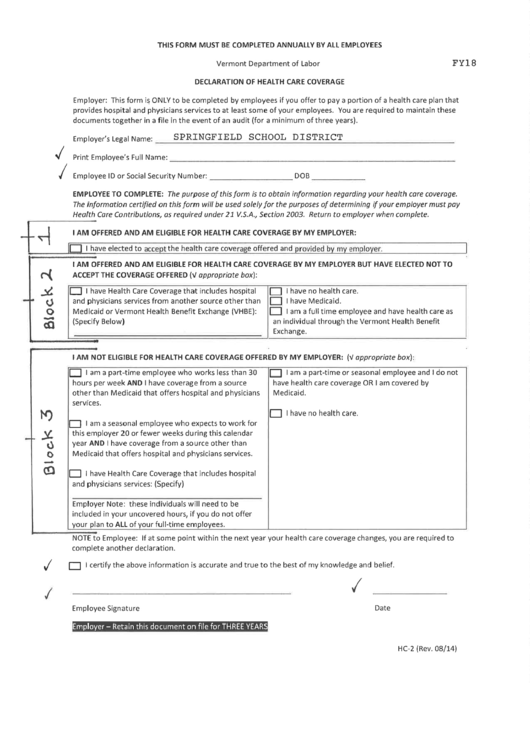 Form Hc-2 - Declaration Of Health Care Coverage Form